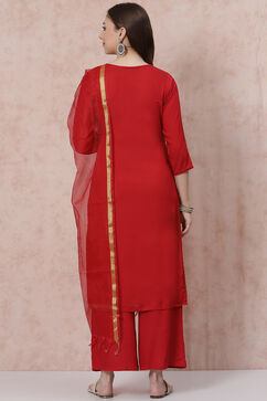 Red Solid Straight Suit Set image number 4
